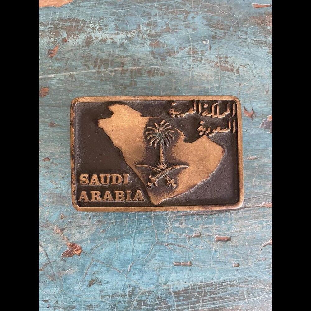 Vintage Saudi Arabia Anacortes Brass Works USA Solid Brass Belt Buckle 1978
